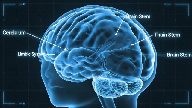 Human brain anatomy with labeled regions in detailed 3 d render