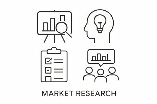 Market Research Icons: Illustrative icons capturing diverse facets of market research, from insightful analytics and innovative ideas to strategic planning and customer insights.