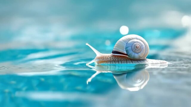 Tiny snail with a beautiful shell slowly crawling on a wet surface. Its reflection is visible on the calm, turquoise water