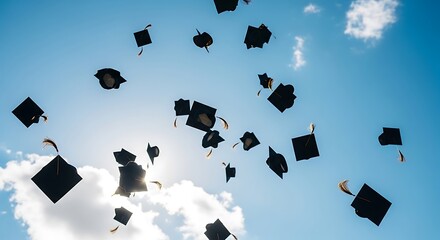Many graduation caps fly high against a bright blue sky.
