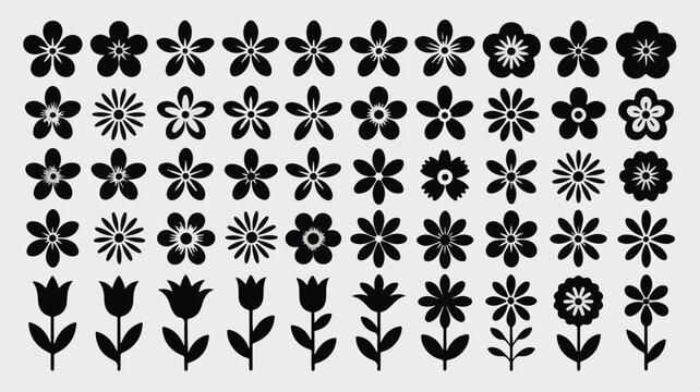 Assortment of black silhouette flower icons including blossoms and tulips floral nature