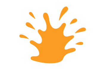 Orange paint splash or liquid splat shape with drops, abstract artwork, transparent background