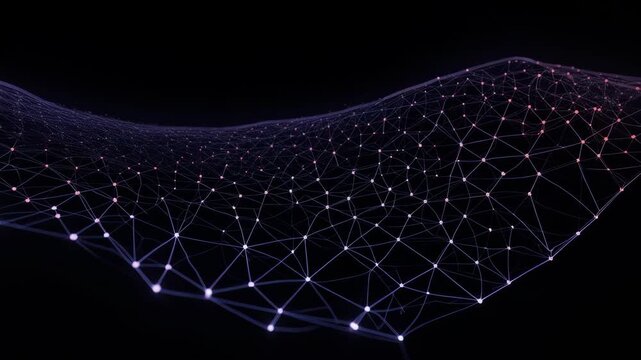 Abstract network of connected nodes, lit with blue and pink, set against black