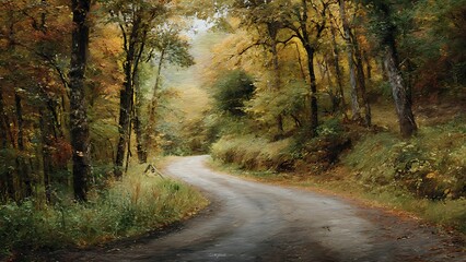 Obraz premium Serene Autumn Landscape with Curving Road Through Vibrant Forest Colors