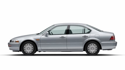 Fototapeta premium Side view of a silver sedan car with a white background in a studio setting for automotive photography