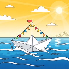 Paper boat sails on ocean waves under a sunny sky.