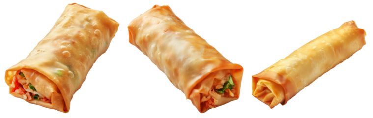Crispy golden spring rolls with flaky texture shown isolated on white transparent background, Asian snack concept
