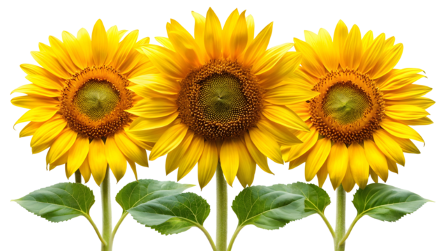 Capture summer's golden beauty: Three vibrant sunflowers radiate warmth and joy, perfect for adding a touch of natural elegance to your designs and projects