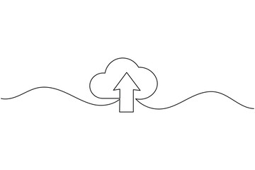 Continuous line drawing of cloud with upload arrow icon for data transfer