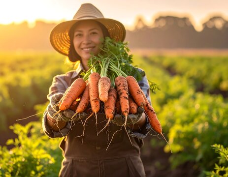 Smiling person holding freshly harvested carrots in field