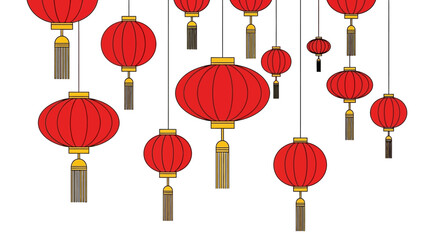 Hanging red Chinese lanterns with golden tassels are digitally illustrated against a white background, conveying a festive mood for traditional celebrations.