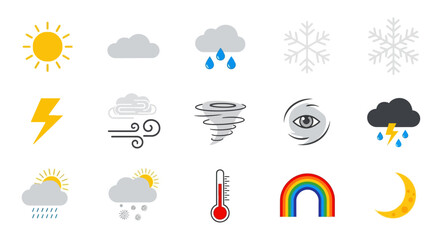 Fototapeta premium Weather icon set features flat vector graphics depicting sun, clouds, rain, snow, lightning, wind, tornado, hurricane, and thermometer against a white background.