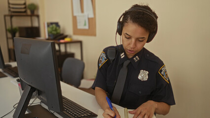 Policewoman in uniform working at a desk with computer and headset in a police station, taking...