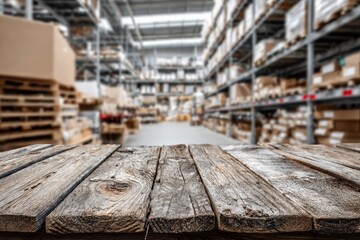 Fototapeta premium Close-up of Weathered Wooden Table with Blurred Warehouse Background and Boxes