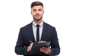 Professional man in suit holding clipboard, smiling confidently, isolated on white background.