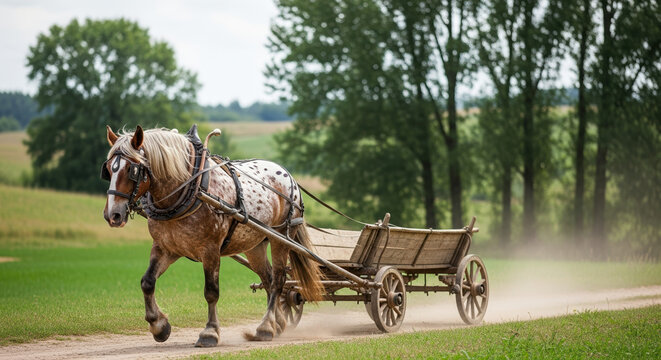 Farm horse pulling cart on dusty road in countryside landscape. Farm horse is harnessed for work, showing its strength and endurance while moving cart. Farm horse for transportation in rural settings.