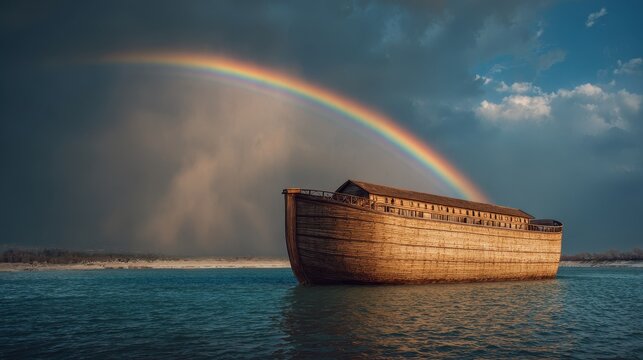Noahs Ark floats on calm waters beneath a vibrant rainbow connecting earth and sky