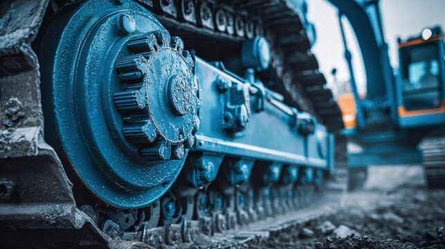 Close-up of a blue excavator track and wheel.