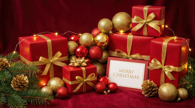 Affection colours dreamy flames glossy glow lighting magic moment satin shine sparkle star merry Christmas card with red and gold wrapped gifts Christmas and New Year 2026 Background Concept