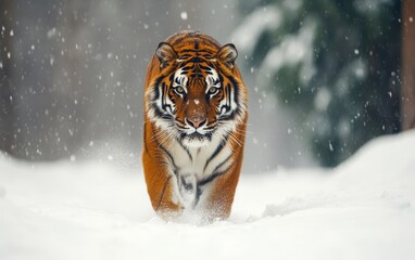 Obraz premium A majestic tiger with intense gaze walks through falling snow, its orange fur contrasting beautifully with the white winter landscape