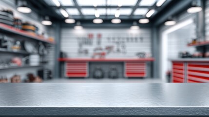 Empty metal surface in a blurred workshop setting, ready for product placement
