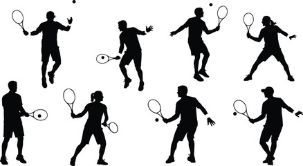 Tennis Player Silhouette, Dynamic Action Pose, Serving Tennis Ball, Vector Outline Set, Professional Tennis Player, Male Female Athlete, Racquet Sport Game, Sport Training Outline, Tennis 
