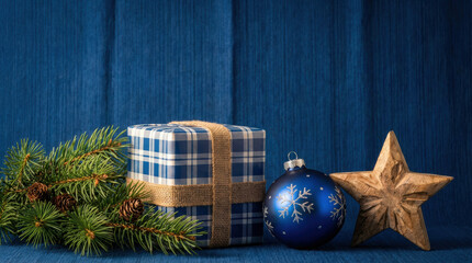 Affection colours dreamy flames glossy glow lighting magic moment satin shine sparkle star festive gift with pine branch blue bauble and wooden star Christmas and New Year 2026 Background Concept