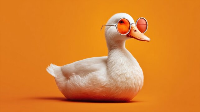 A cool white duck wearing orange sunglasses on a vibrant orange background