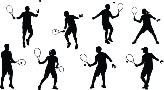 Tennis Player Silhouette, Dynamic Action Pose, Serving Tennis Ball, Vector Outline Set, Professional Tennis Player, Male Female Athlete, Racquet Sport Game, Sport Training Outline, Tennis