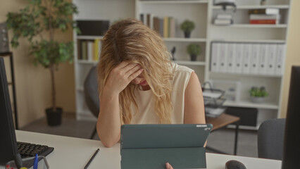 Woman young blonde wearing glasses holding tablet, hand on forehead, at desk in office building;...