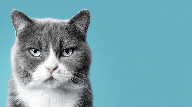 Gray and white cat displays an annoyed expression against a blue background in a cozy indoor setting during the afternoon