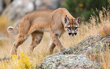 Naklejka premium Alert mountain lion walking through rocky terrain with dry grass, its muscular body and intense gaze demonstrating the power and grace of this wild feline