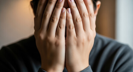 Elimination of violence depicted as person with head in hands. Struggle against elimination of violence shown with hidden face and mental pain.