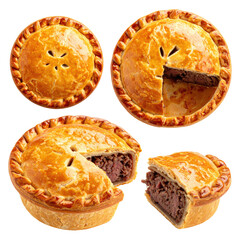 Four meat pies, some sliced, on a black background
