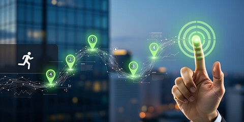 Human hand interacting with a futuristic digital interface displaying glowing green target icons and people silhouettes against a city skyline at dusk