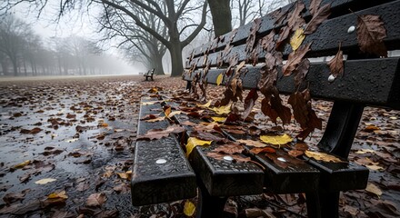 Autumn bench in park covered with colorful fallen leaves on a foggy day