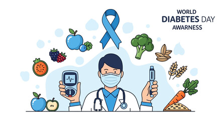 Illustration promoting World Diabetes Day shows a masked doctor holding a glucometer and insulin pen, surrounded by healthy food against a bright white background.