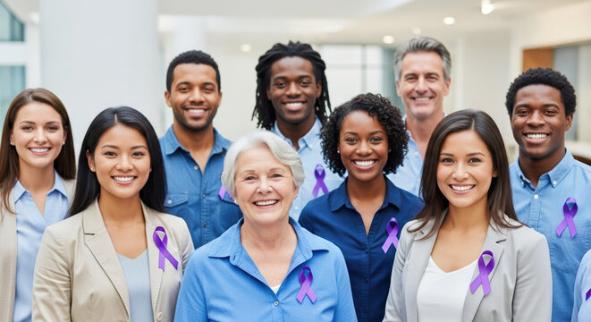 Diverse group shows support for Epilepsy Awareness Month by wearing purple ribbons. Epilepsy Awareness Month is crucial for highlighting challenges and promoting understanding,
