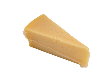 Parmesan cheese  in vacuum plastic packaging isolated on white background. Vacuum transparent packaging with cheese. A pack of cheese in a vacuum foil isolated.
