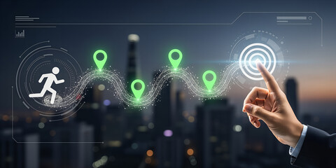 Businessman s hand points to target on futuristic digital interface with running man and location pins over city skyline