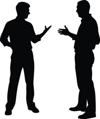 two men face to face in conversation silhouetted against a plain white