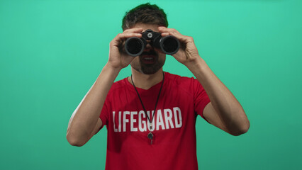 Young hispanic lifeguard man in red shirt holds binoculars to eyes against a green studio wall;...