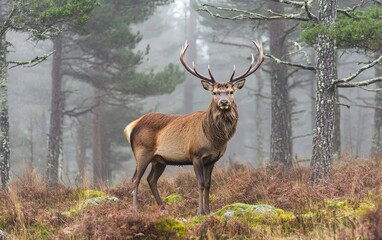 A noble red deer stag with impressive antlers stands alert in a misty pine forest, showcasing the beauty of wildlife in its natural habitat