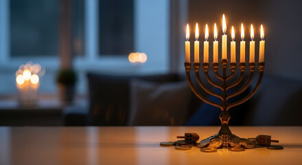 Lit menorah for Hanukkah against dark background shines with candles, creating a festive holiday mood. This Hanukkah display is ideal for capturing tradition.