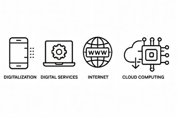 Digital Age Icons: Simplified illustrations representing key aspects of digital technology, including a smartphone, laptop, internet symbol, and cloud computing. 