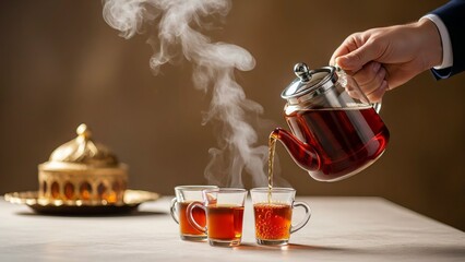Hand pouring hot tea from a glass teapot into small glasses with steam rising