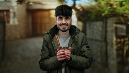 Young man in urban setting holding coffee cup, dressed warmly outdoors, showcasing style and warmth...