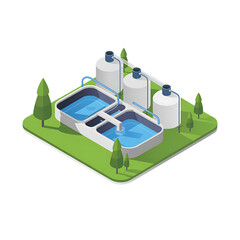 Isometric 3D vector illustration of an urban city road plan with buildings, houses, and a car