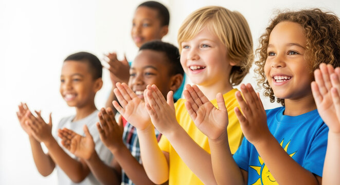 Children clapping enthusiastically, diverse group of kids enjoying show and clapping hands together. Diverse group creates joyful atmosphere, clapping hands for success and celebration. - Powered by Adobe