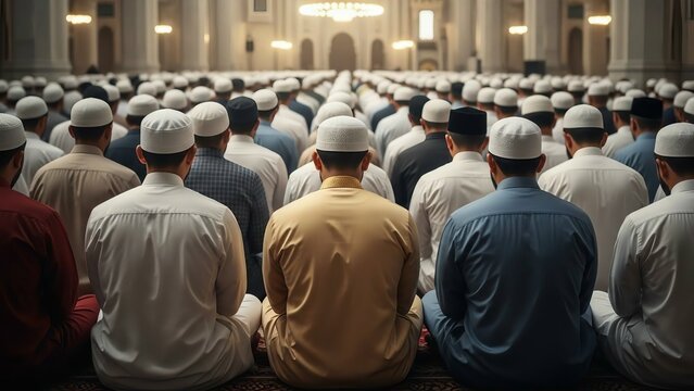Large group of muslim men praying together in a grand mosque